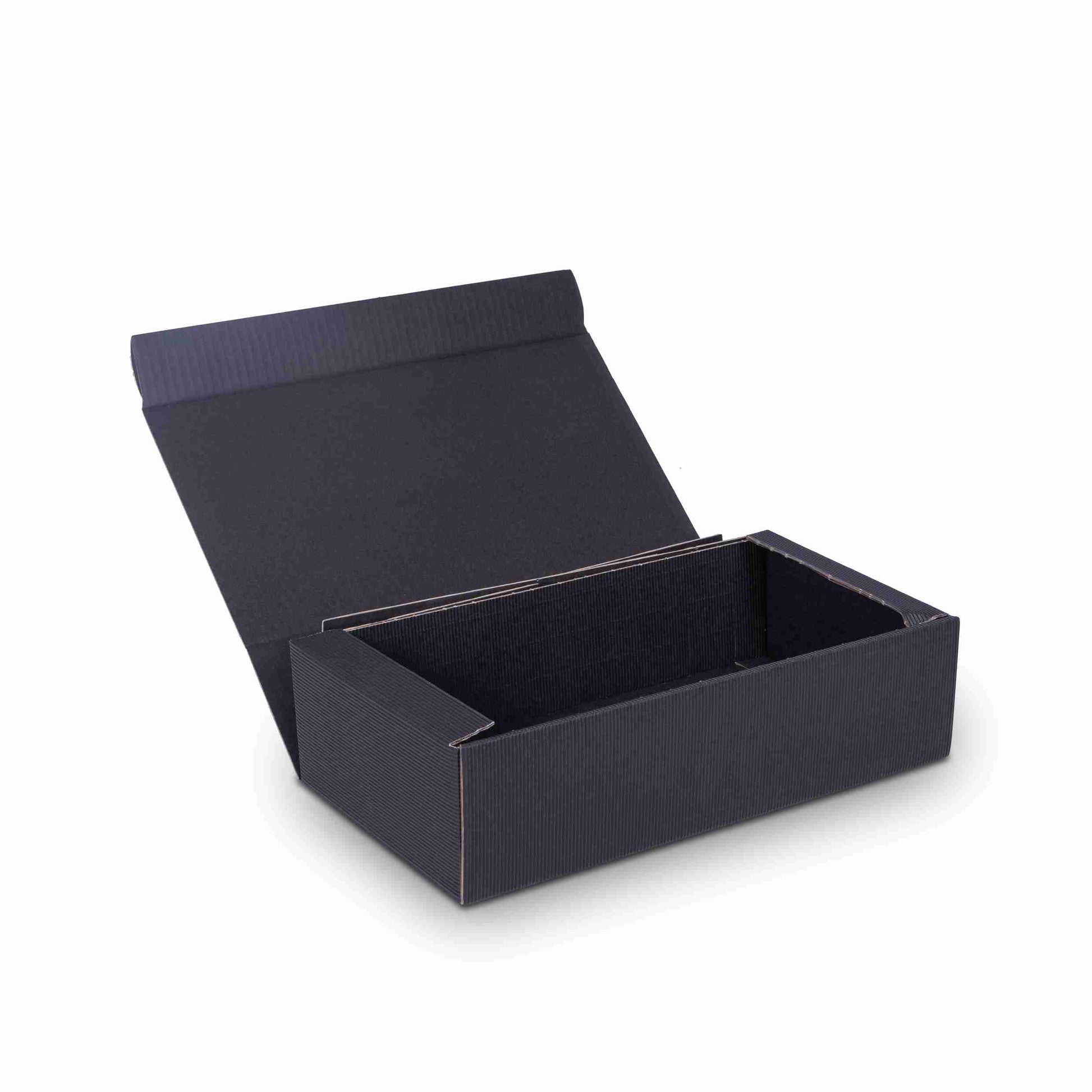 Model Weinpräsentkarton schwarz – Innenmass 180 × 90 × 360 mm – für 2 Flaschen – 1 Stk., ab 100 Stk.