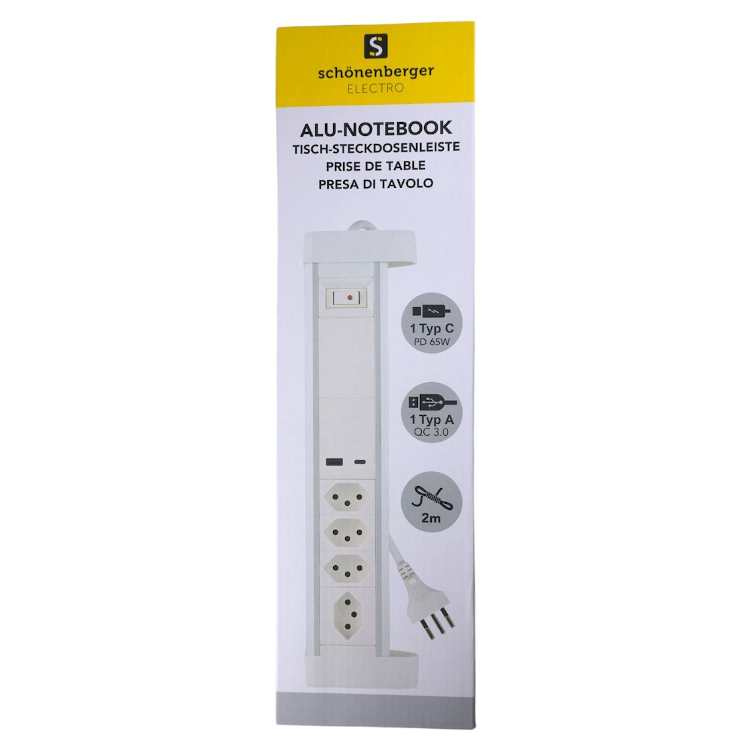 M. Schönenberger Schönenberger Tischsteckdosenleiste, 4×T13, 3×USB (65 W), 2 m, Aluminiumgehäuse, mit Schalter – Silber/Weiss