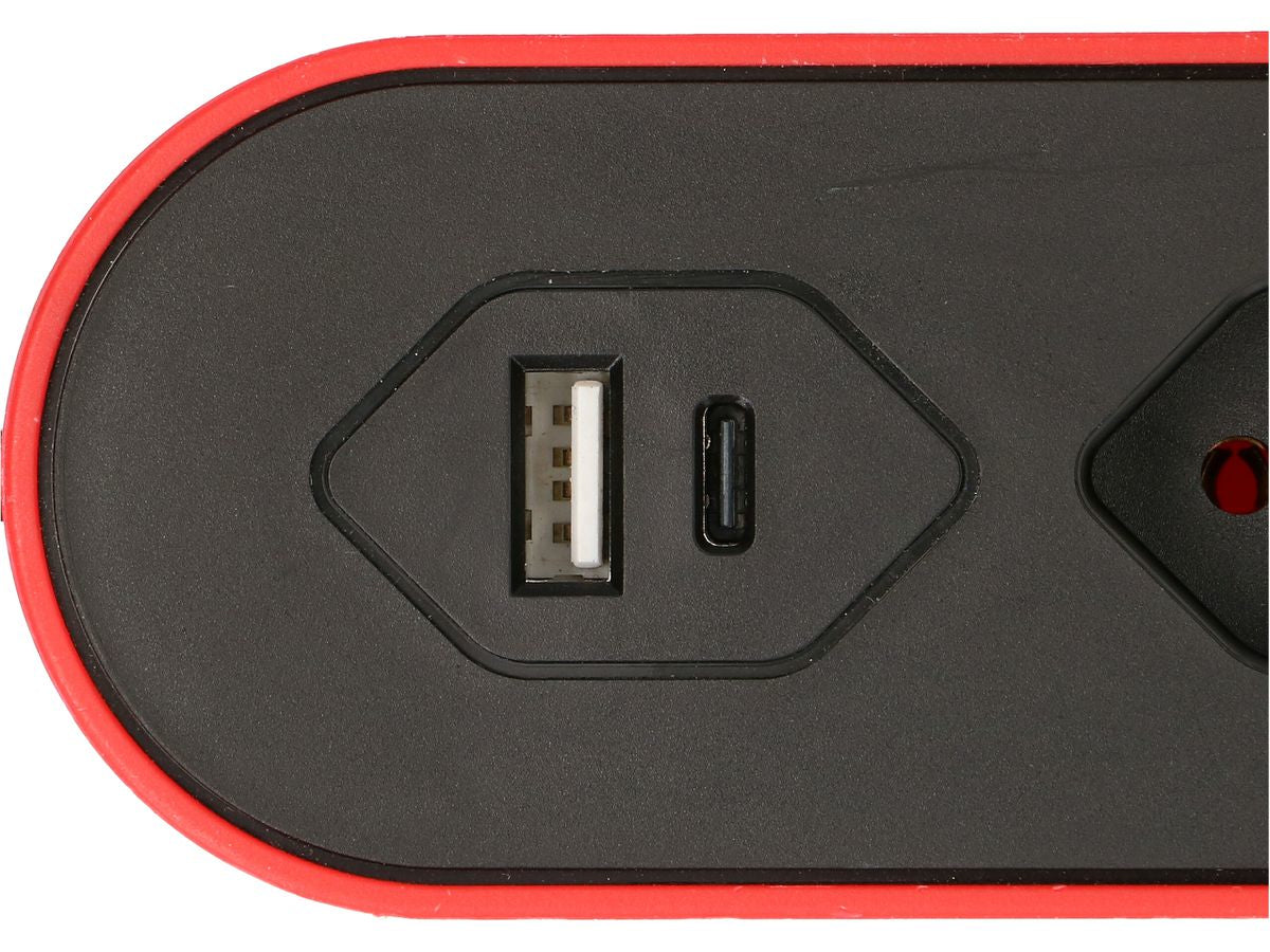 Max Hauri AG Steckdosenleiste, 5×T13, 1×USB-A + 1×USB-C, 17 W gesamt, mit Schalter, 2,2 m – rot/schwarz