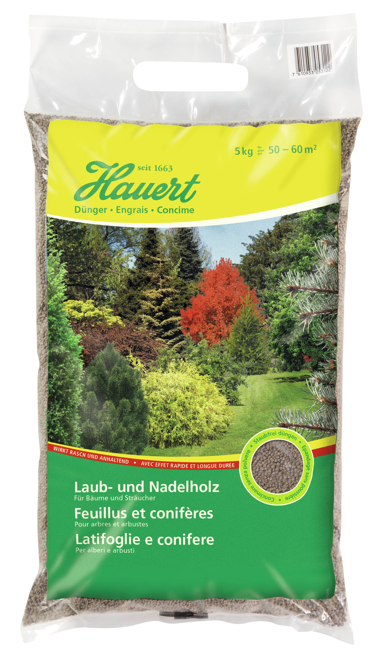Hauert Mehrnährstoffdünger Granulat, 5 kg – für Nadelholz, Laubholz, Sträucher – 1 Tasche