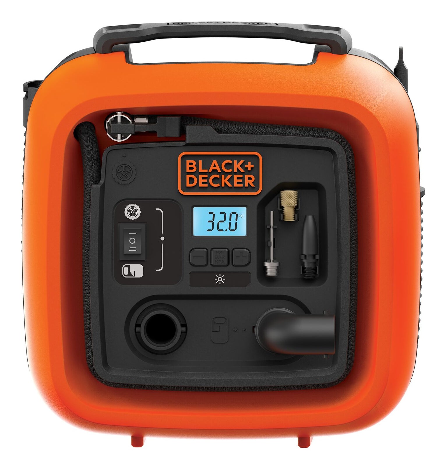 Black & Decker BLACK+DECKER ASI400 Kompressor – 12 V – 11 bar, 160 l/min – Integriertes Druckmessgerät, inkl. Ventiladapter