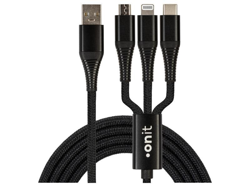 ONIT Multi-Kabel – 3-in-1 USB-A auf USB-C/Micro-USB/Lightning 1 m, geflochten, schwarz – für iPhone/Android