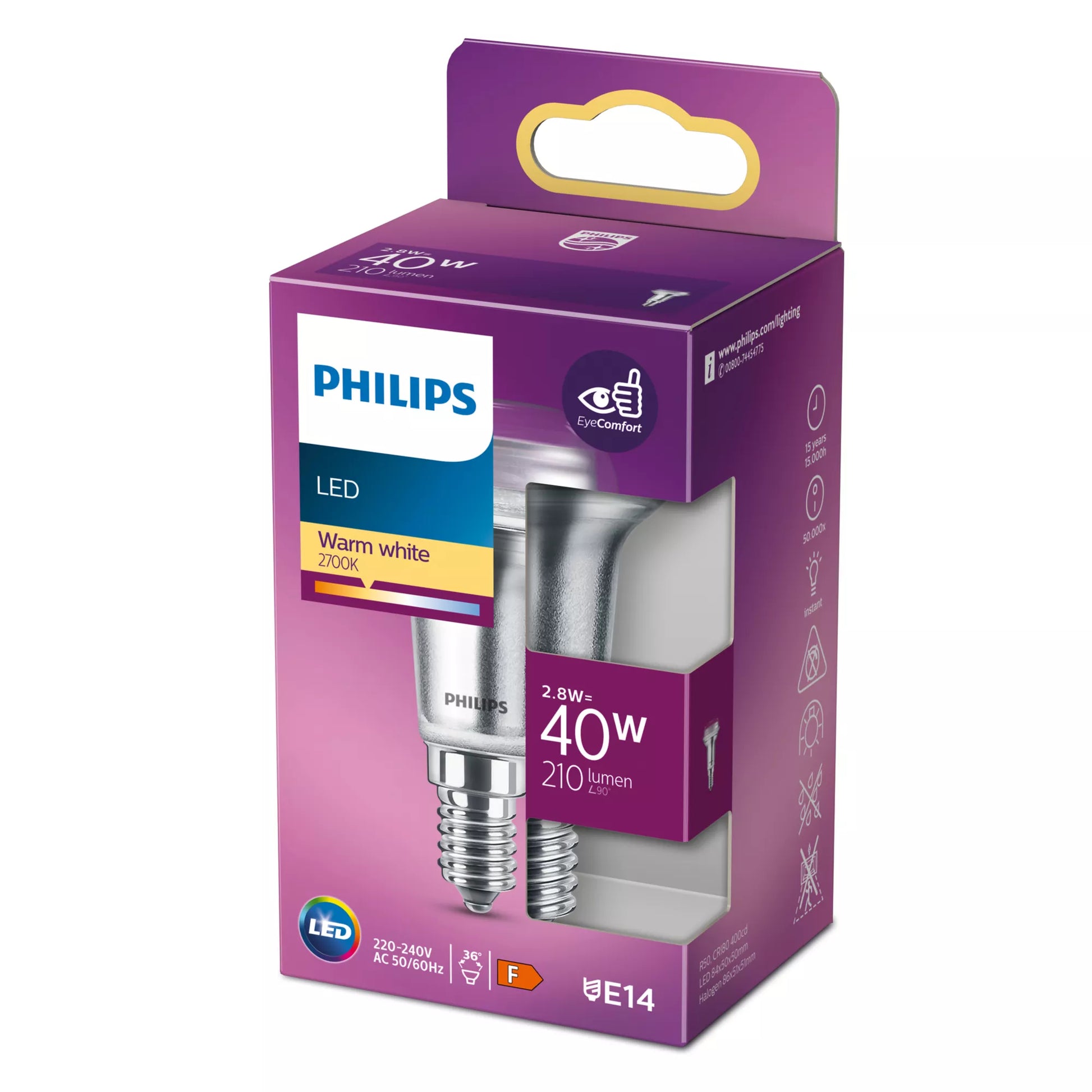 Philips by Signify Philips LED-Reflektor R50 E14 – Warmweiss 2700 K, 210 lm, 2,8 W, 36° – 1 Stk., Silber