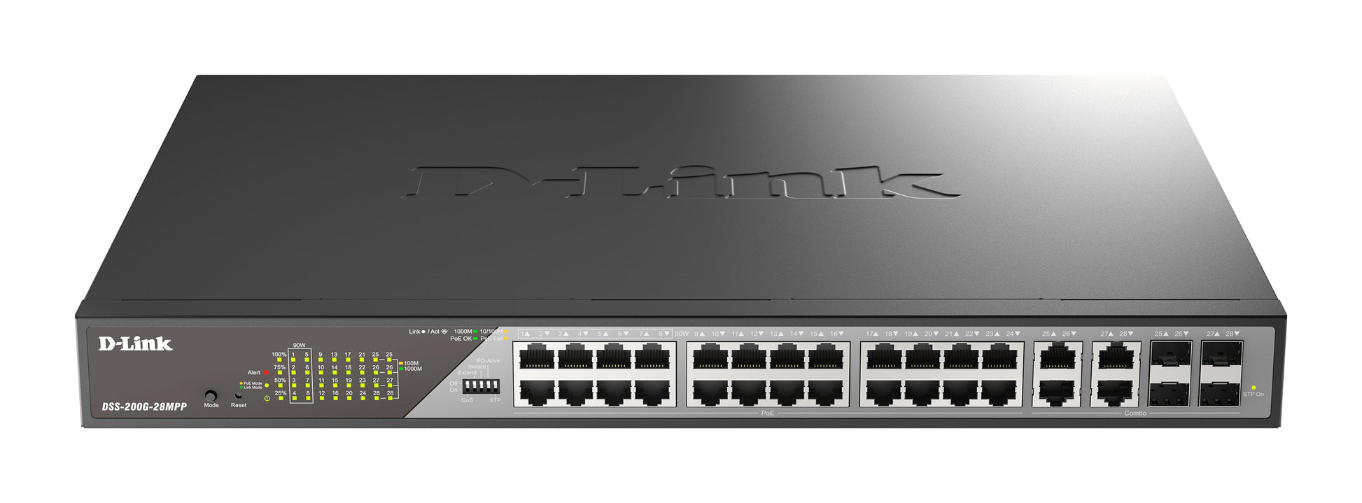 D-Link DSS-200G-28MP/E – Managed L2 Switch – 24× 1G, 4× SFP, PoE, PoE-Budget 370 W, 19", 1U