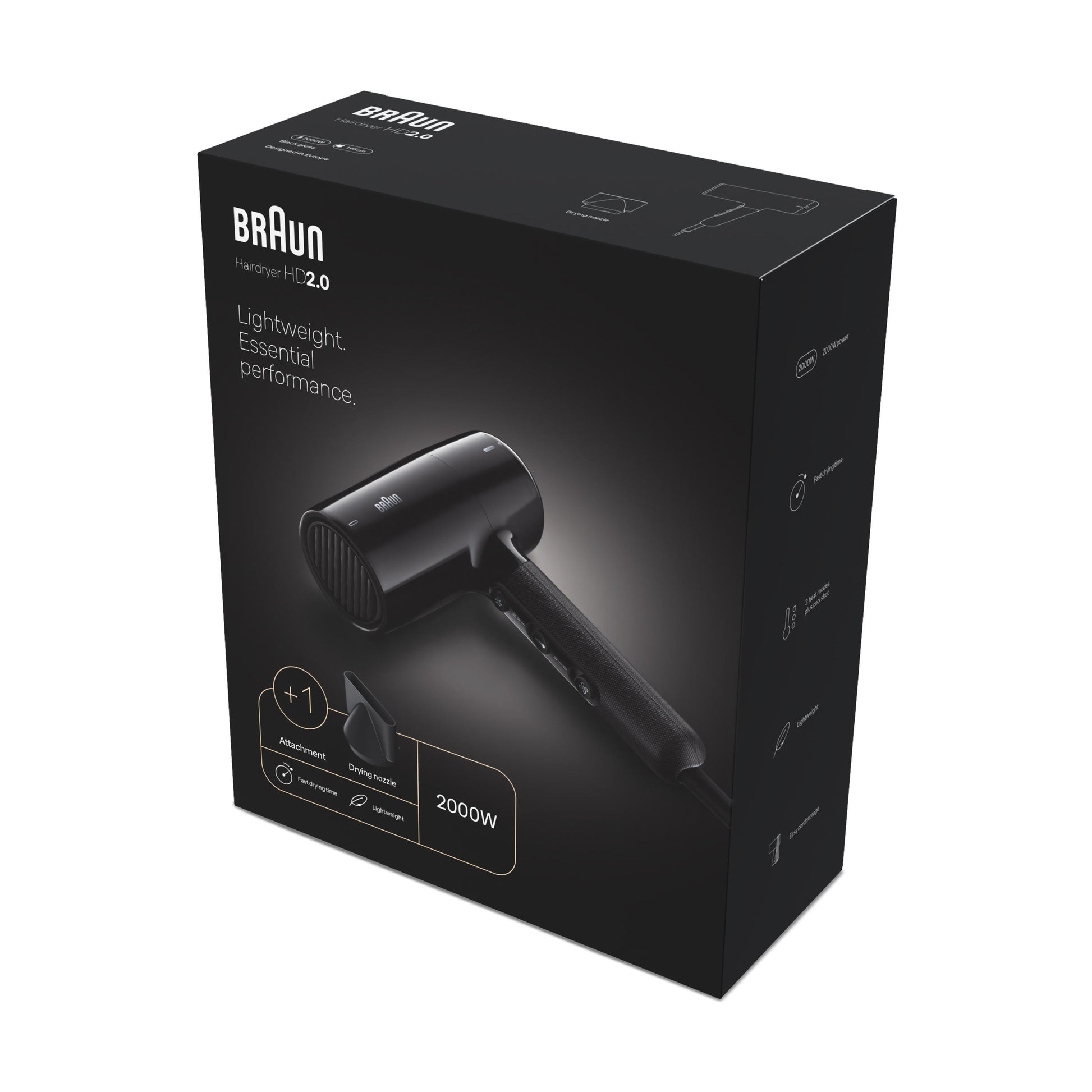 Braun Haartrockner HD200E – 2000 W, Cool-Shot-Funktion – 1,95 m Kabel, schwarz