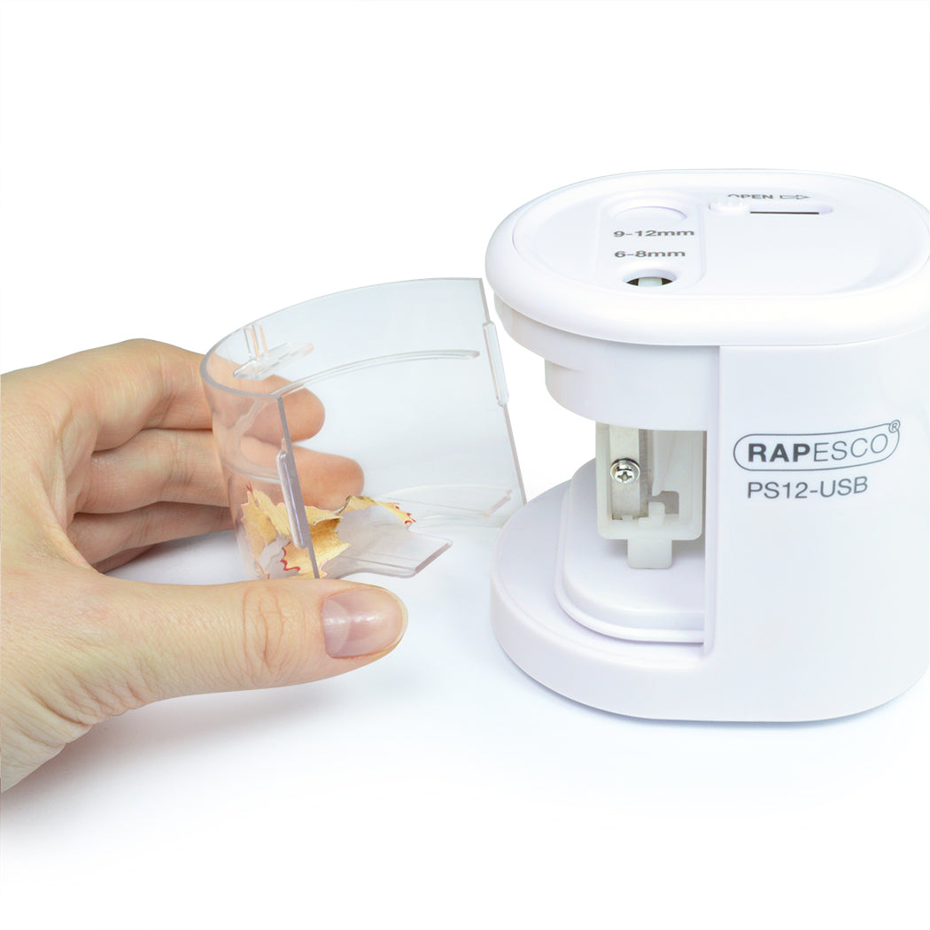 Rapesco PS12-USB Elektro-Spitzmaschine – für Ø 6–8 + 9–12 mm – USB/Batterie (4×AA) – rosa