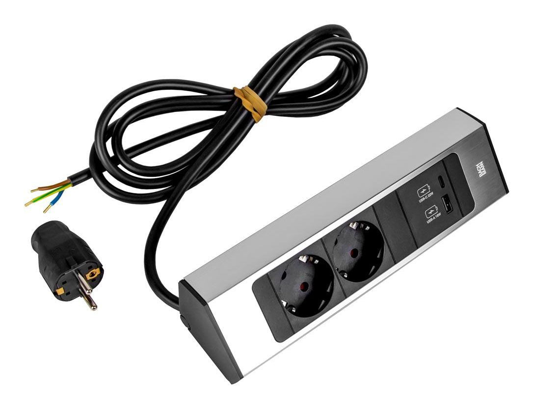 Bachmann CASIA 2 Steckdosenleiste, 2×T13, 1×USB‑A + 1×USB‑C 22 W, 2 m, IP20 – silber