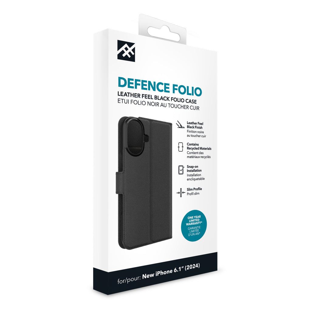 IFROGZ Defence Folio – für Apple iPhone 16, mit Ständer, mit 3 Kartenfächern, PU+PC, Schwarz