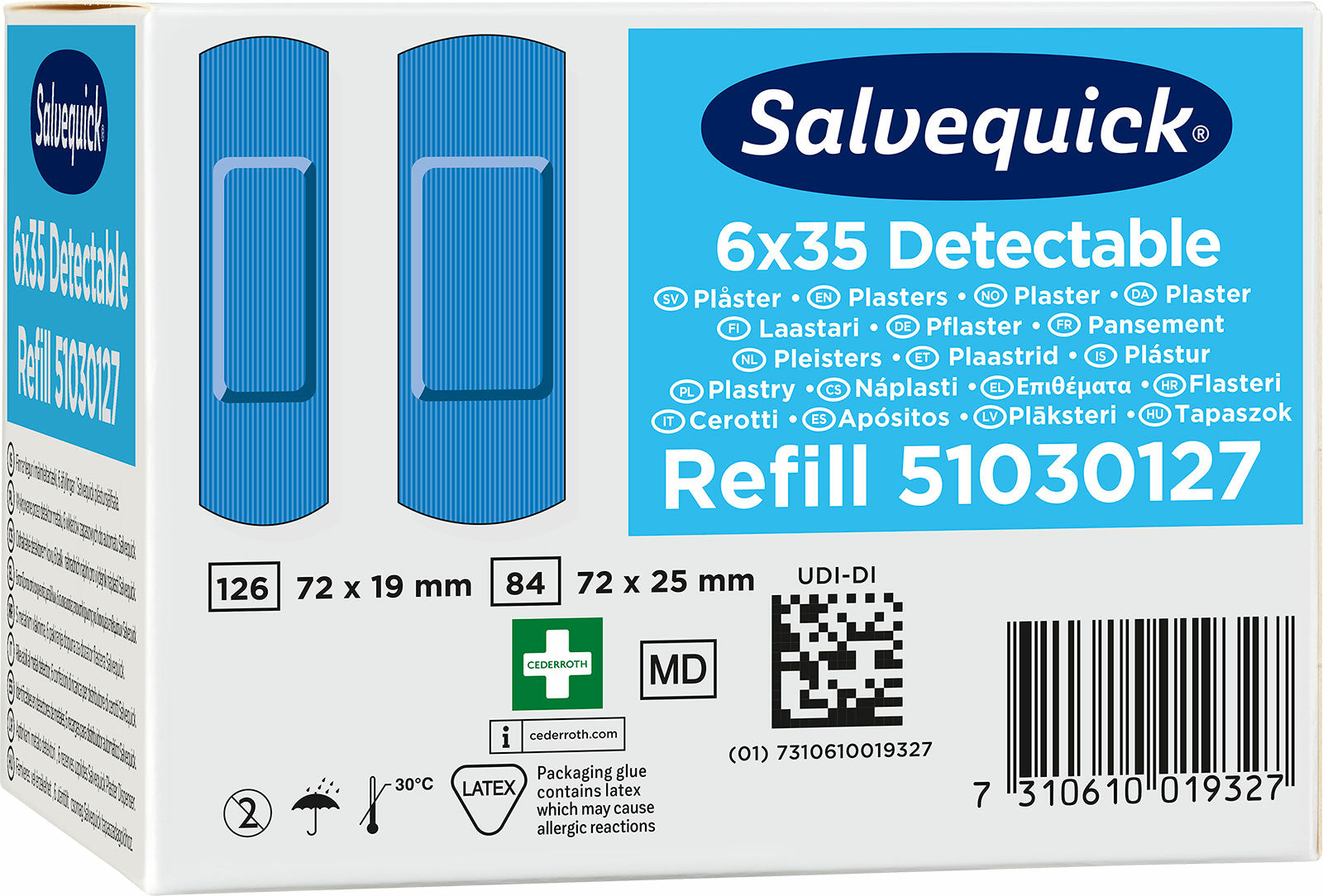 Cederroth Nachfüllpackung für detektierbare Pflaster – 35 Stück, für Salvequick Spender, 72 × 19 mm, 72 × 25 mm