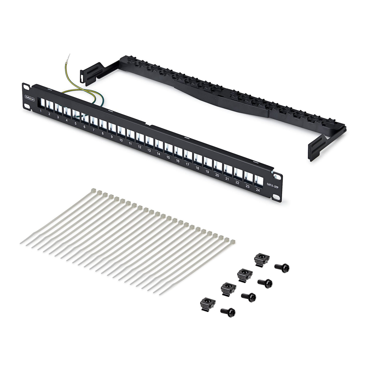 StarTech.com Keystone Patchpanel – Leer, 24× RJ-45, für Cat6a, Cat8, 19", 1U, Schwarz, Kabelmanagement