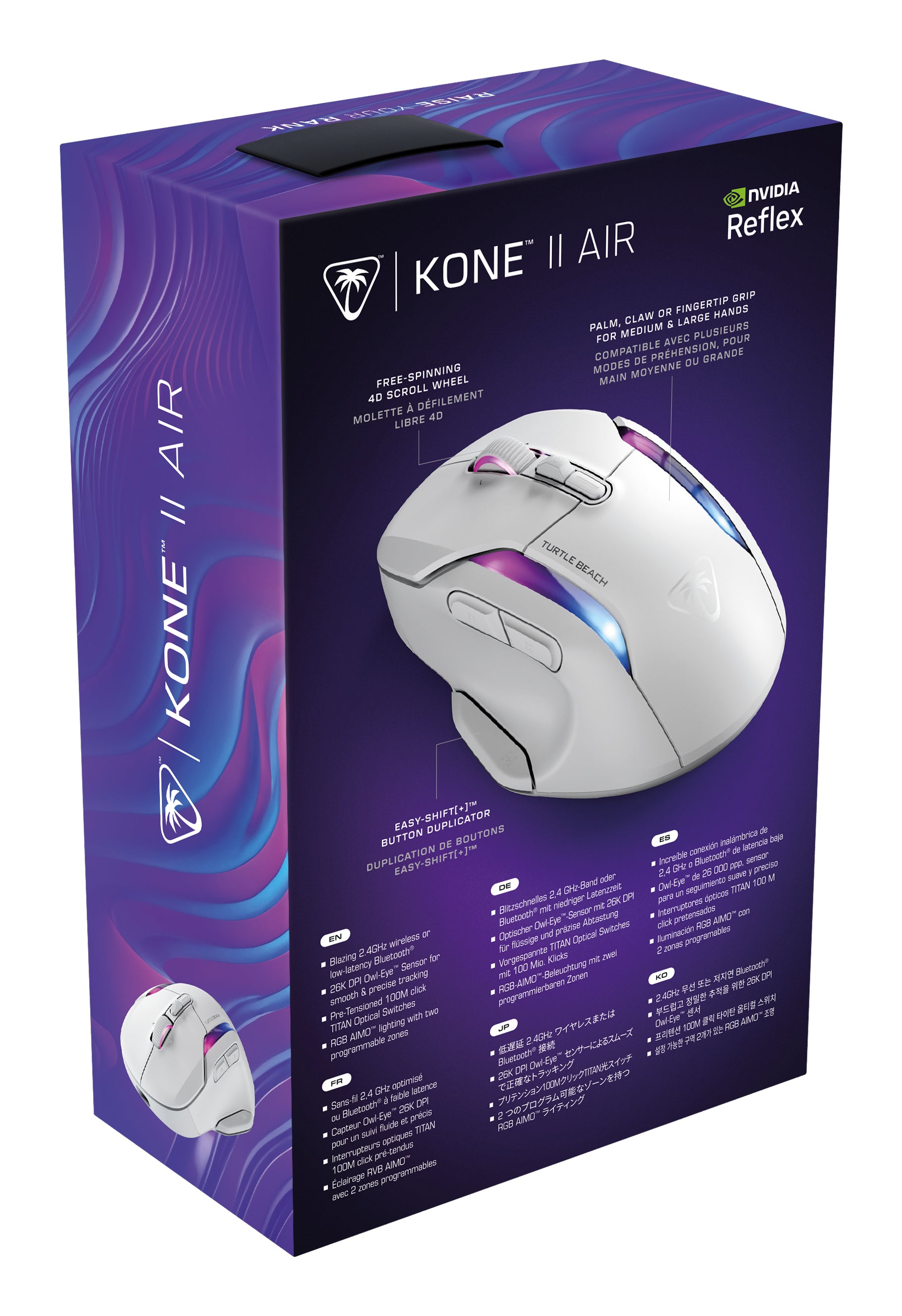 Turtle Beach Kone II Air Gaming-Maus – kabellos, 1'000 Hz, 7 Tasten, für Rechtshänder, RGB-Beleuchtung, weiss