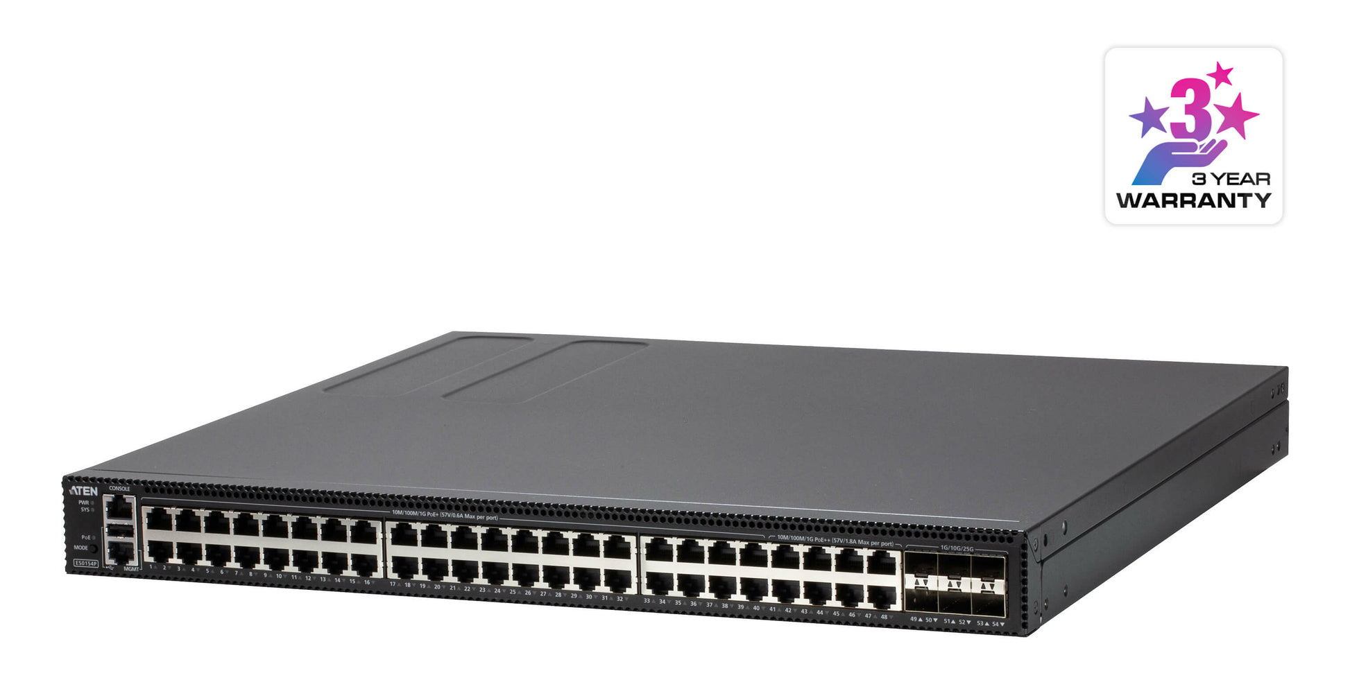 ATEN ES0154P – Managed Switch – 48×GbE, 6×SFP28, L2+, PoE++ 740 W, 19" Rack