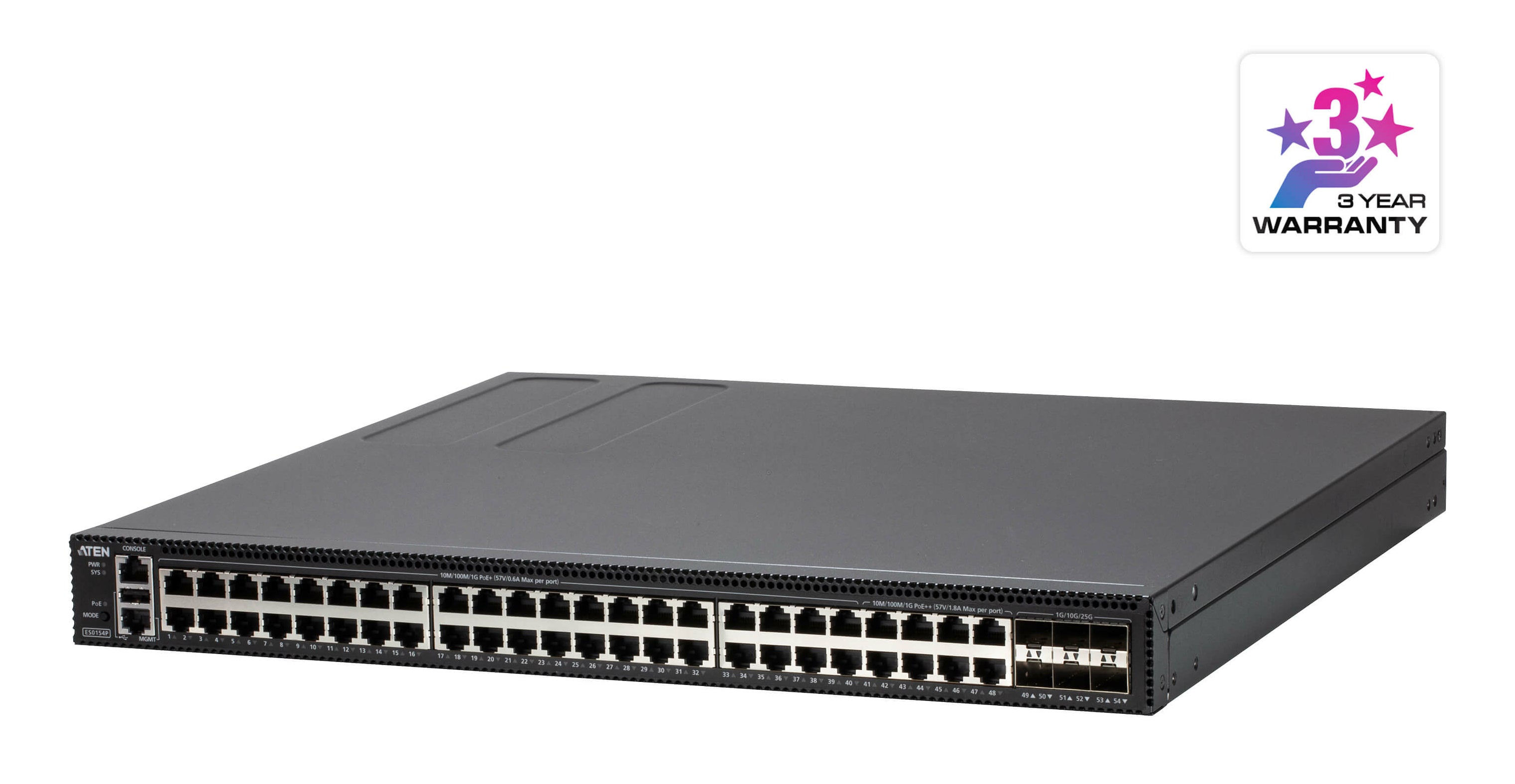 ATEN ES0154P – Managed Switch – 48×GbE, 6×SFP28, L2+, PoE++ 740 W, 19" Rack