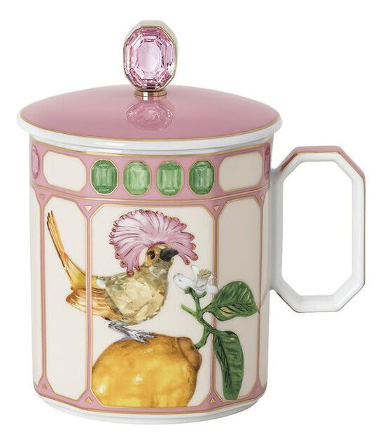 Rosenthal Becher IDYLLIA Flycatcher – 390 ml, Ø 8,6 cm, H 10,4 cm, Porzellan, Weiss/Pink/Gold, mit Deckel