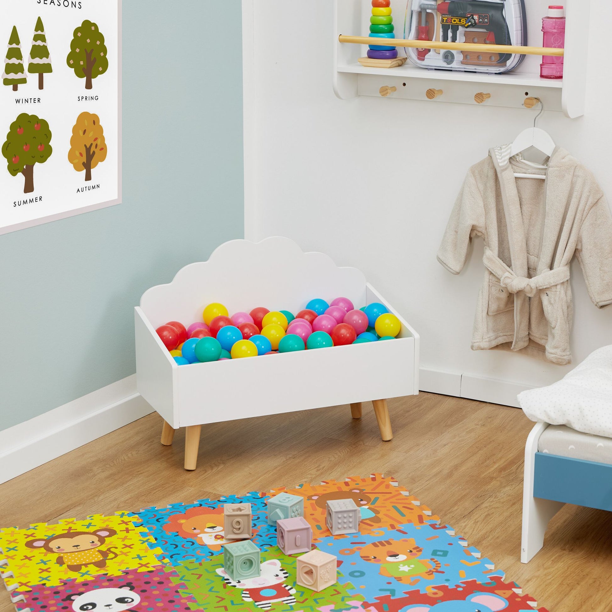 Relaxdays Spielzeugtruhe – MDF/Kiefer – Weiss/Hellbraun – 580 × 450 × 280 mm