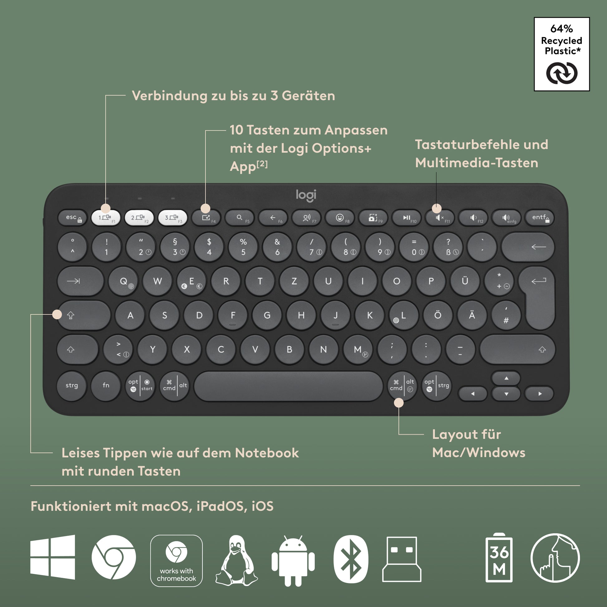 Logitech Pebble M350s Maus – kabellos, Bluetooth, Graphit