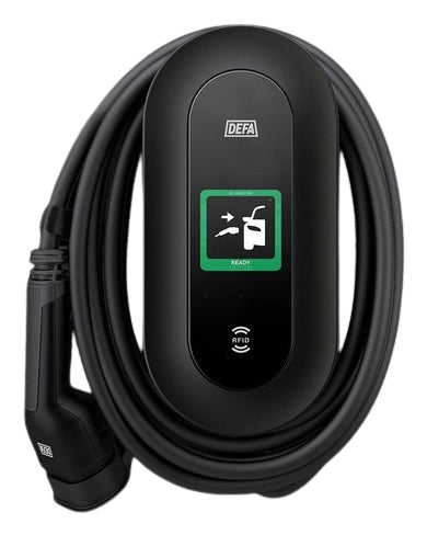 DEFA Power Smart Wallbox – 22 kW, 3-ph, Typ 2 mit 6 m Kabel, Wandmontage, IP55, RFID/NFC, Zähler, Display, Schwarz