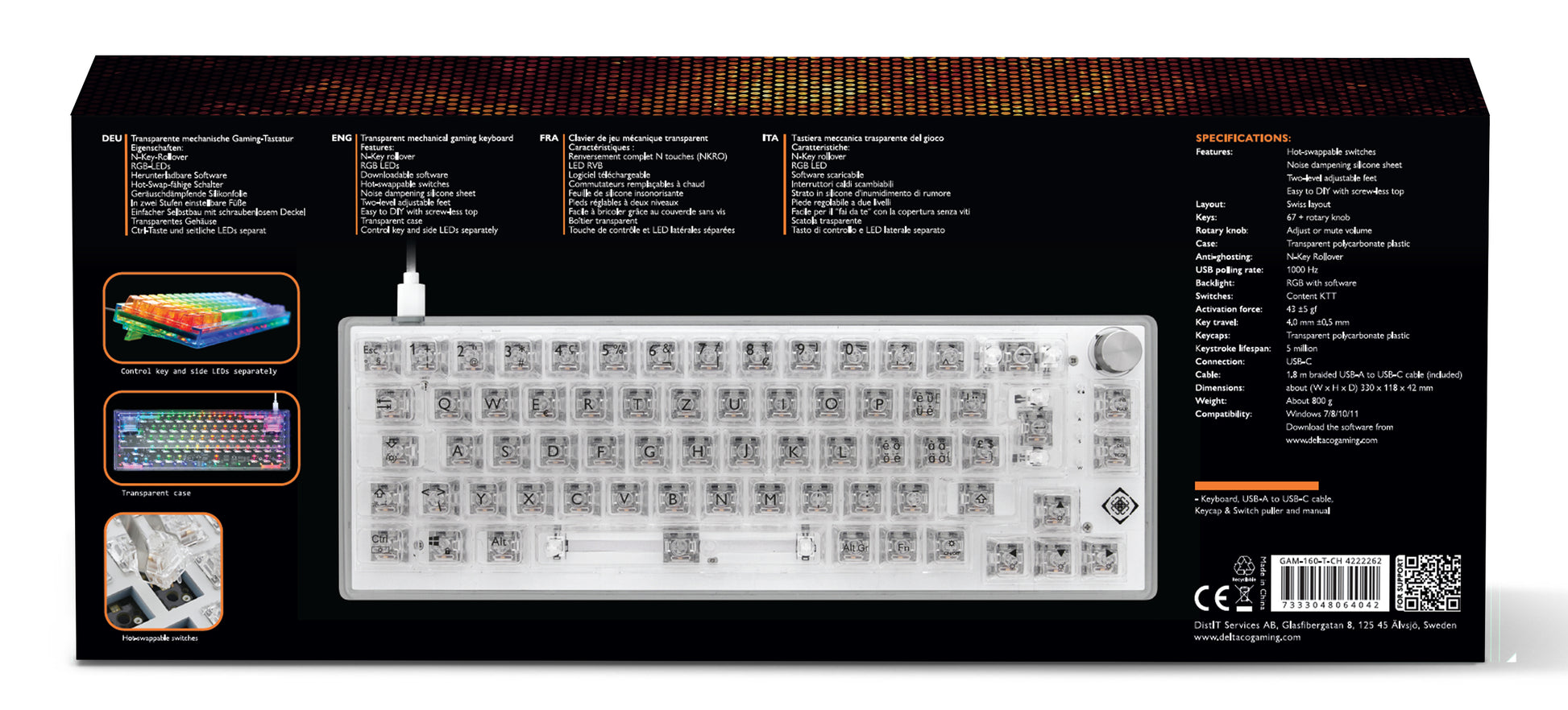 Deltaco Gaming GAM-160-T-CH – Gaming-Tastatur 65% – Mechanisch – QWERTZ (CH) – RGB – Ohne Ziffernblock
