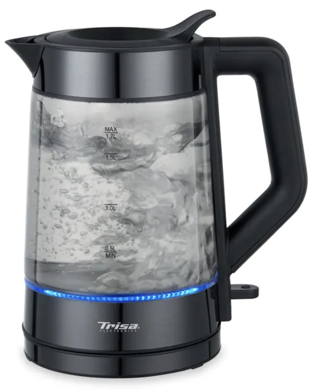 Trisa Electronics Trisa Wasserkocher W71 Plus – 1,7 l, Glas, Temperaturwahl, 2200 W, Anthrazit, 360° Sockel