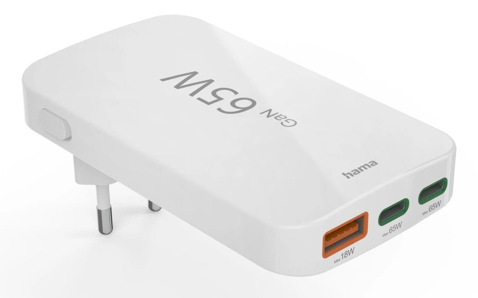 Hama 00201976 USB-Ladegerät 65 W – USB-C×2, USB-A×1 – PD, QC, GaN – für Laptop, Powerbank, Smartphone u. a.