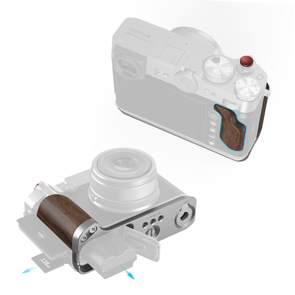SmallRig 5265 L-Form Montageplatte mit Holzgriff – für FUJIFILM GFX100RF – Silber, Holz
