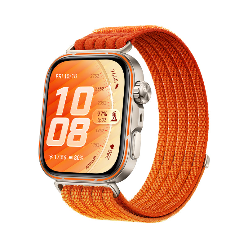 Huawei Watch Fit 5 Pro 44 mm GPS – Aluminium Gold, Sportband Orange, 50 m, für iPhone