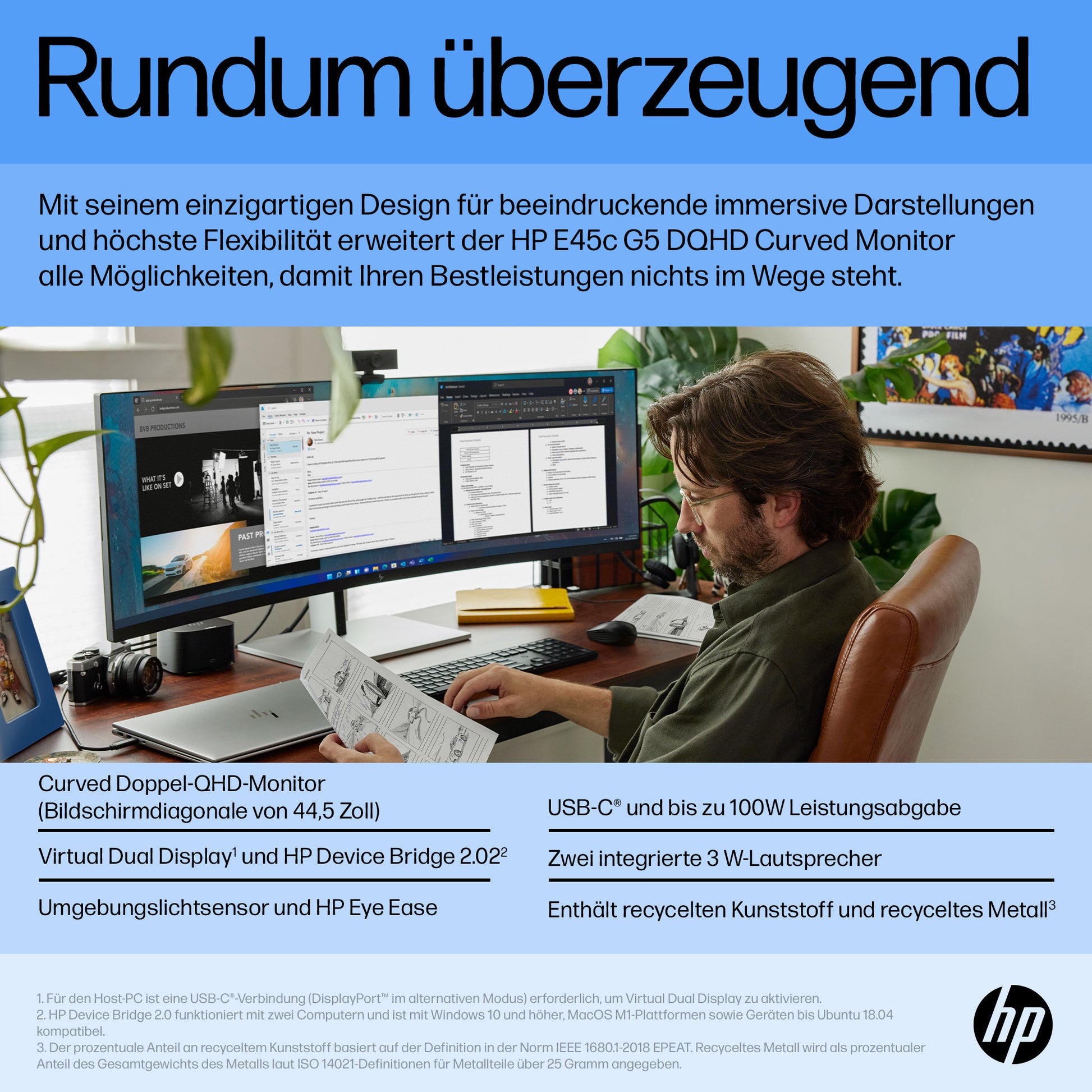 HP E45C G5 – Monitor, 44,5", 5120 × 1440 (Dual QHD), VA, 165 Hz, 400 cd/m², Gebogen, USB-C