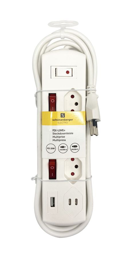 M. Schönenberger Schönenberger Fix-Line Steckdosenleiste T13×3 – USB‑C×2, USB‑A×1 – 2 m Kabel