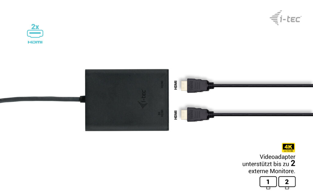 i-tec USB-C zu 2× HDMI Adapter – 8K (7680 × 4320) @ 30 Hz, 0,3 m, für Windows/macOS/Linux, Android/ChromeOS