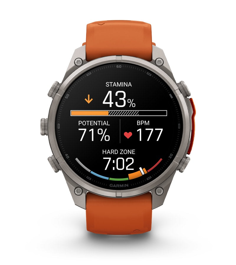 Garmin fēnix 9 Pro 51 mm GPS + Cellular – Titan, Silikonband, Orange, 100 m, für iPhone