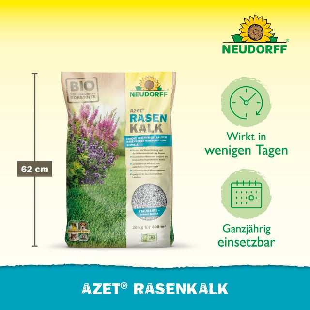 Neudorff Azet RasenKalk – Mehrnährstoffdünger, 5 kg, Granulat, Bio, ausreichend für 100 m², für Rasengras