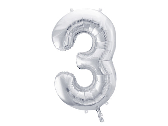 PartyDeco Folienballon Zahl 3 – Silber – 86 cm – Folie – 1 Stk
