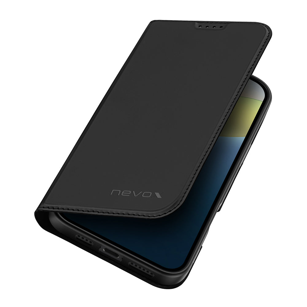 nevox Vario Series Wallethülle – für Apple iPhone 16 Plus, mit Ständer, 1 Kartenfach, PU+TPU, Schwarz