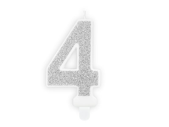 PartyDeco Geburtstagskerzen Zahl 4 – Silber – 4,5 × 7 cm – 1 Stk