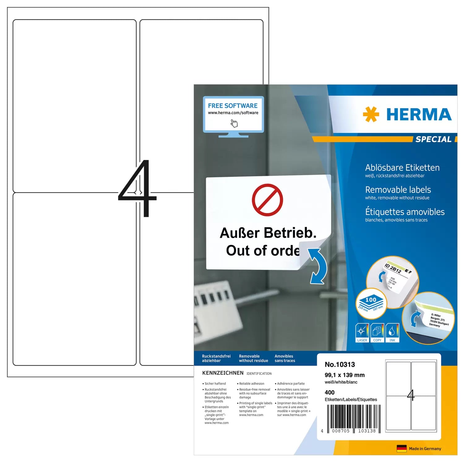 HERMA Adressetiketten, 99,1 mm × 139 mm, weiss, Papier, wiederablösbar, 100 Blätter (400 Etiketten)