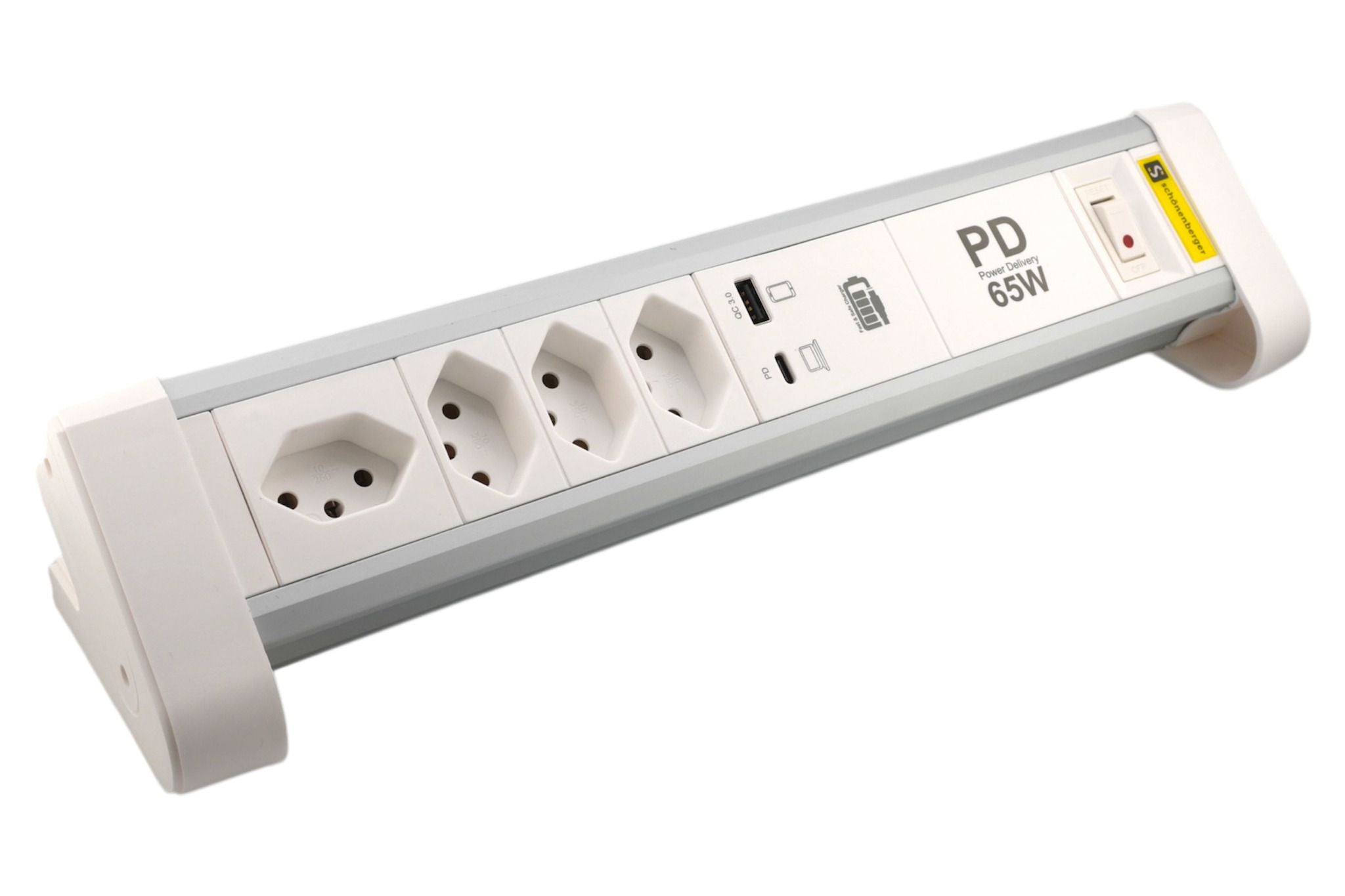 M. Schönenberger Schönenberger Tischsteckdosenleiste, 4×T13, 3×USB (65 W), 2 m, Aluminiumgehäuse, mit Schalter – Silber/Weiss