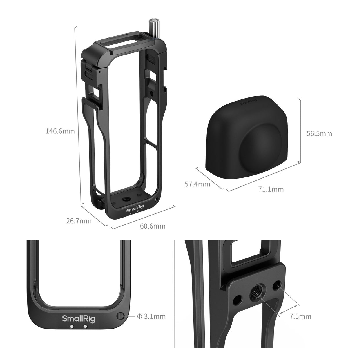 SmallRig 5195 Cage – für Insta360 X5 – Aluminium, Schwarz – 60,6 × 26,6 × 146,6 mm – 1/4″