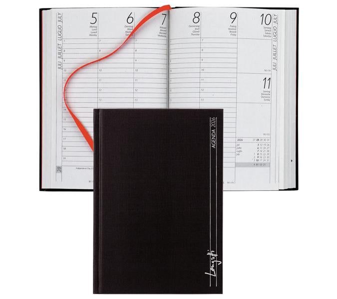 Biella LONGATTI Agenda – 1 Woche/2 Seiten, Gebunden, 10,4 × 14,8 cm, 2026, Mehrsprachig, Schwarz