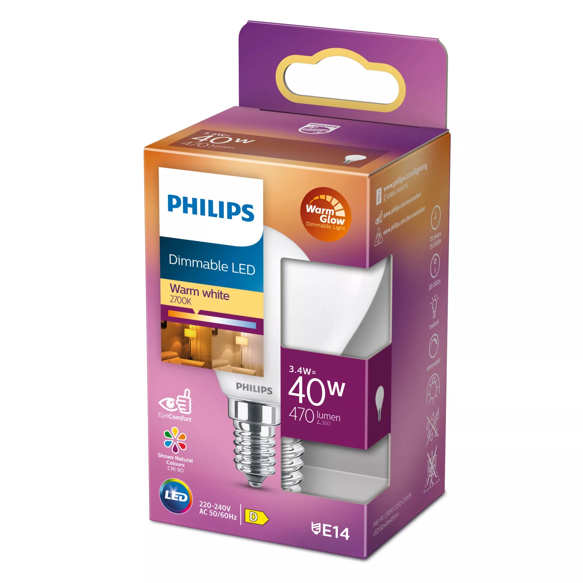 Philips by Signify Philips Leuchtmittel E14 P45 – Warmweiss 2200–2700 K, 470 lm, 3,4 W, dimmbar – 1 Stk.