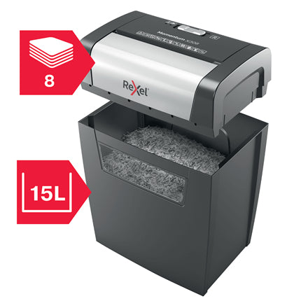 Rexel Momentum X308 – Aktenvernichter, DIN P-3, Partikelschnitt 5 × 42 mm, 8 Blatt, 15 l, A4