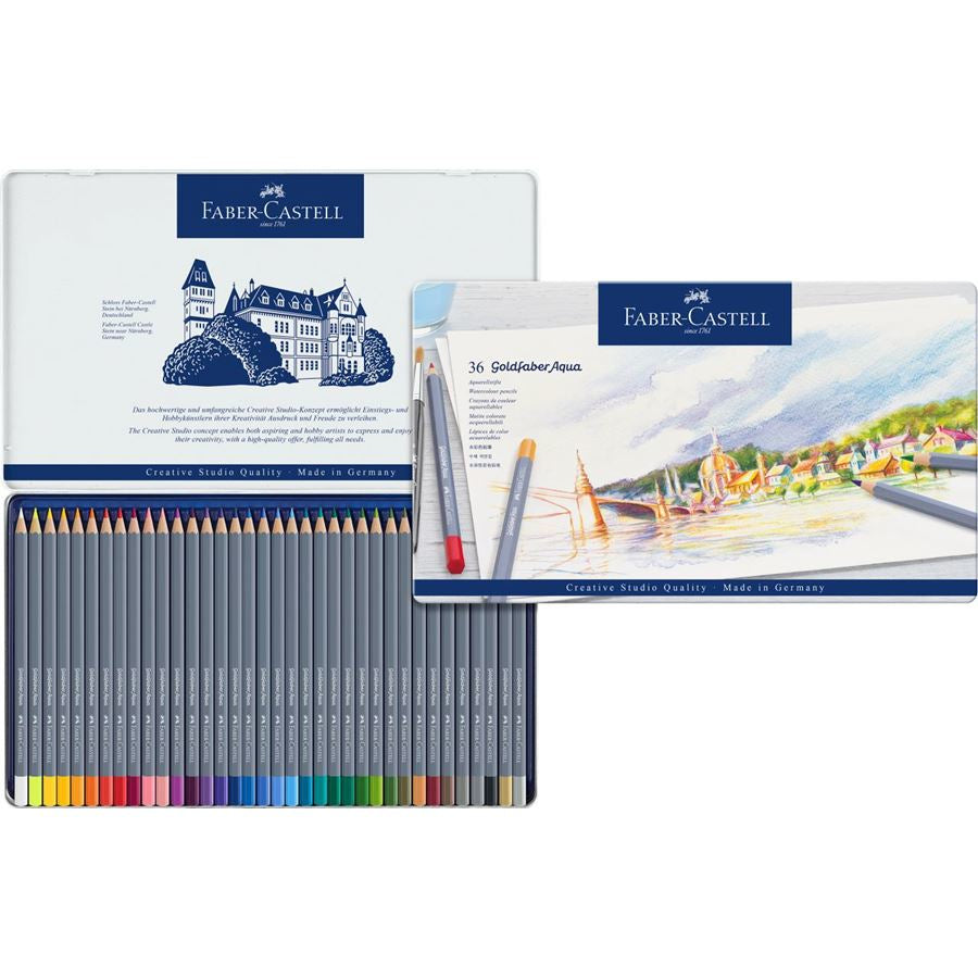 Faber-Castell Goldfaber Aqua Aquarellfarbstifte – 36 Farben, lichtbeständig, Ø 3,3 mm, Metallschachtel