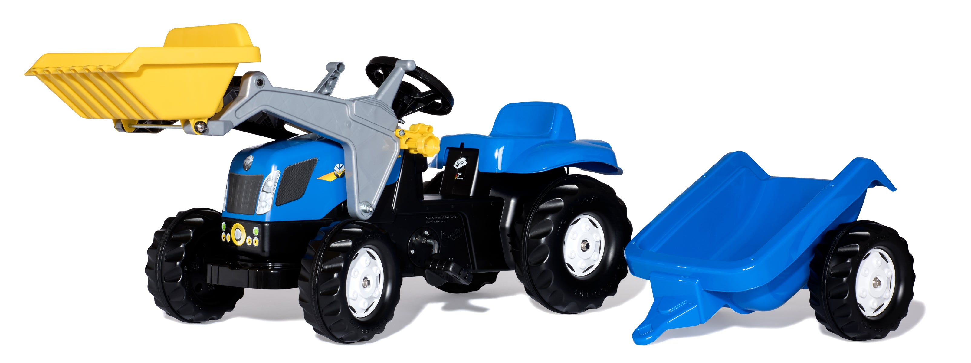rolly toys rollyKid New Holland Aufsitztraktor – mit Lader & Anhänger – 55 × 47 × 161 cm – ab 2,5 J.