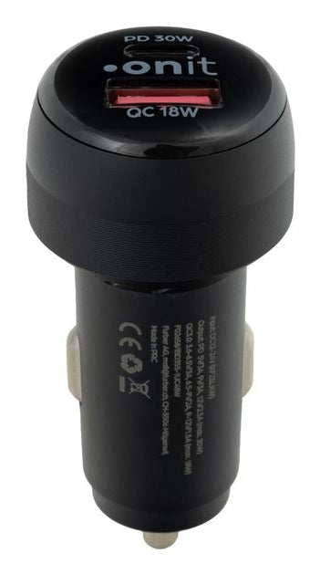 ONIT F02658 Auto-Ladegerät 48 W – USB-C×1 (30 W), USB-A×1 (18 W) – PD 3.0, QC 3.0 – für 12–24 V Fahrzeuge, schwarz