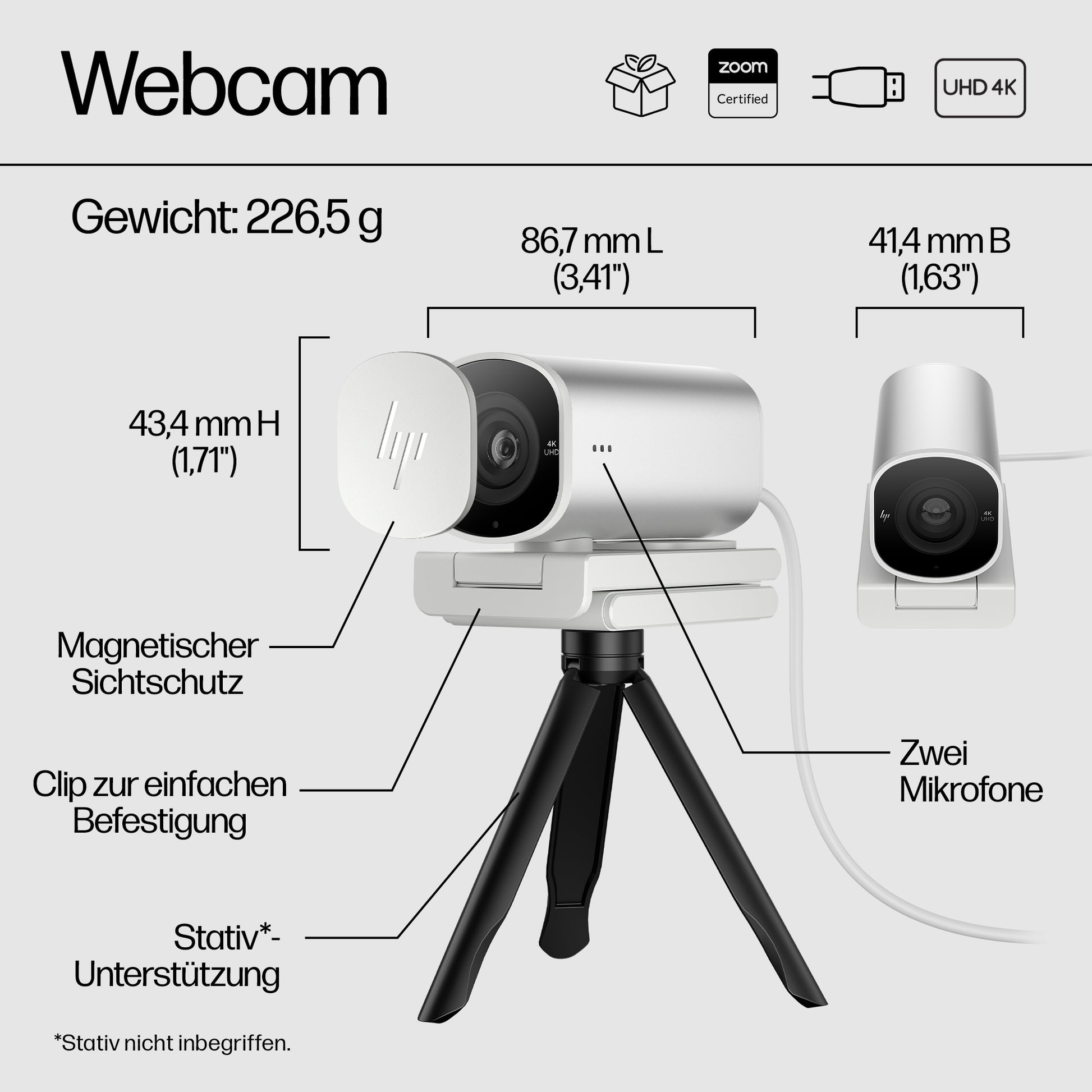 HP 960 Webcam – 4K Ultra HD, 30 fps, Autofokus, USB-A – Silber