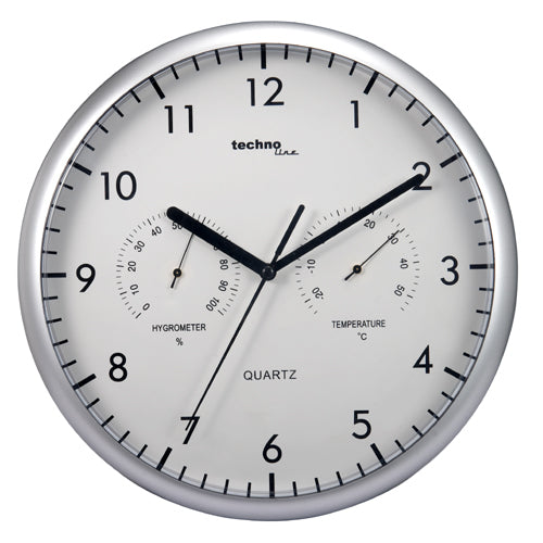 Technoline WT650 Wanduhr – Analog, Thermometer/Hygrometer, Ø 26 cm, Silber, Kunststoff