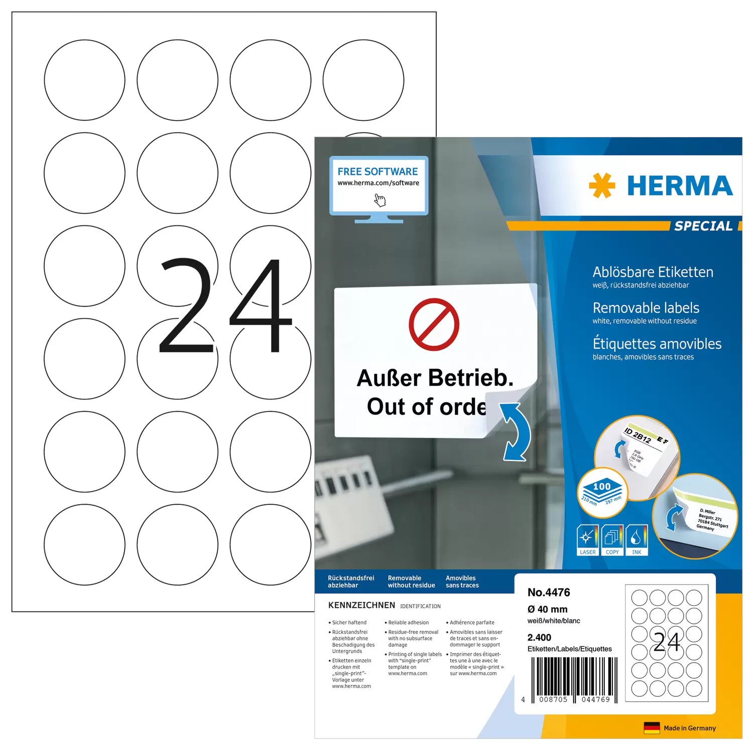 HERMA Druckeretiketten, Ø 40 mm, weiss, Papier, ablösbar, 2400 Etiketten (100 Blatt)