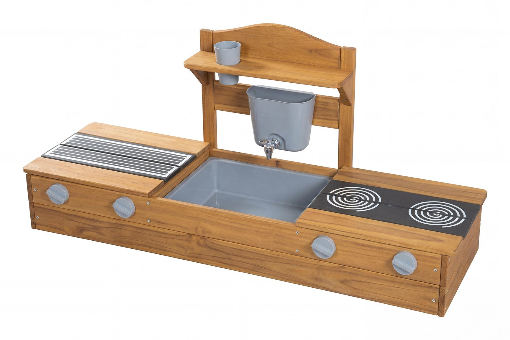 roba Küche 2-in-1 Balkonsandkasten Matschküche – 116 × 37 × 54 cm – Holz, Kunststoff – holzfarben/grau