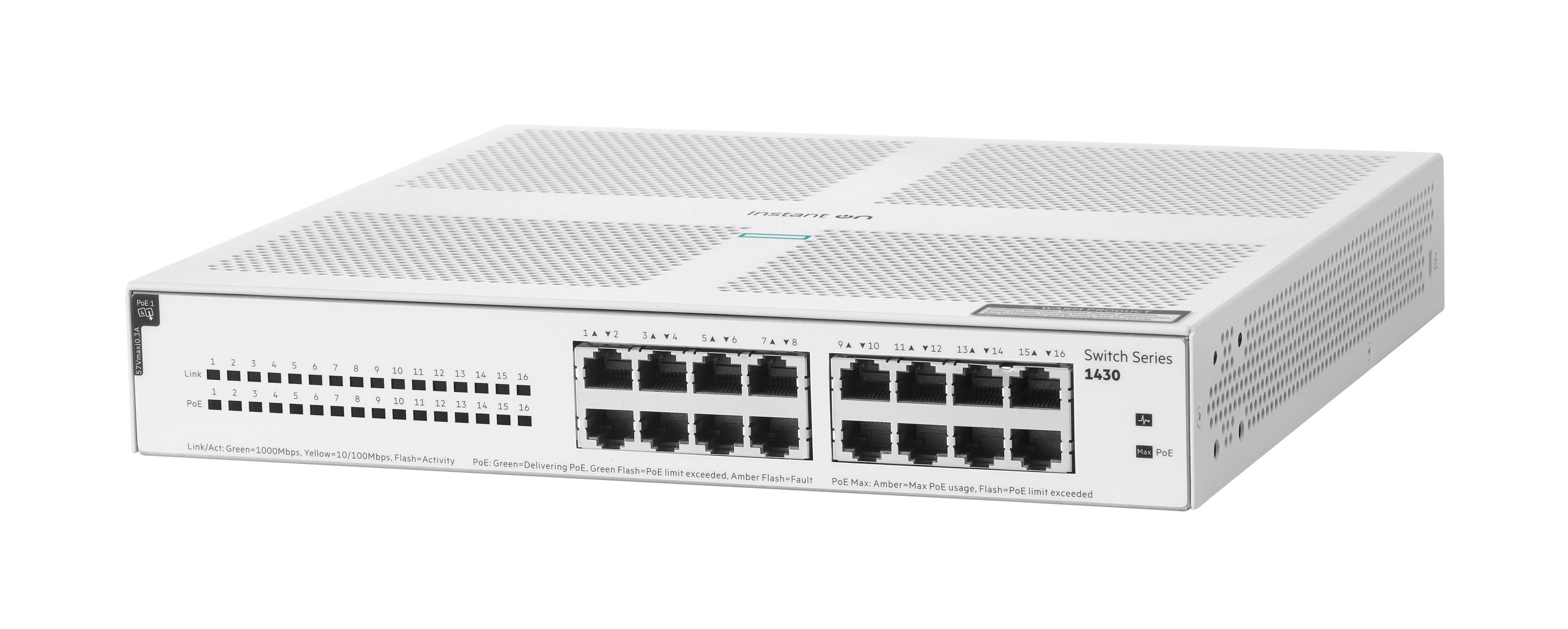 HPE Aruba 1430 16G R8R48A – Switch – 16×GbE, L2, PoE+ 124 W, 1U, Weiss