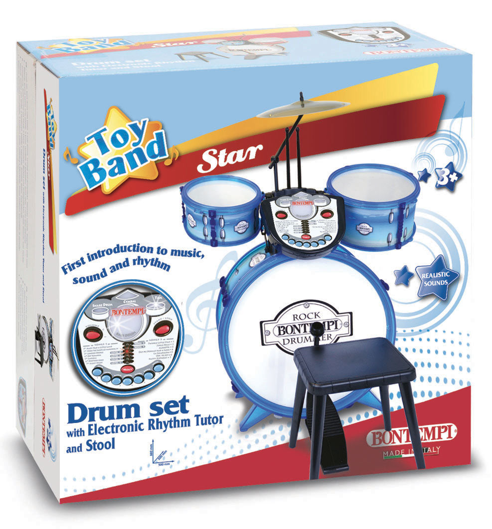 Bontempi Schlagzeug-Set – 50 × 68 × 50 cm – 4 Modi, 14 Lieder, 3 × AA – ab 3 J. – Kunststoff, blau