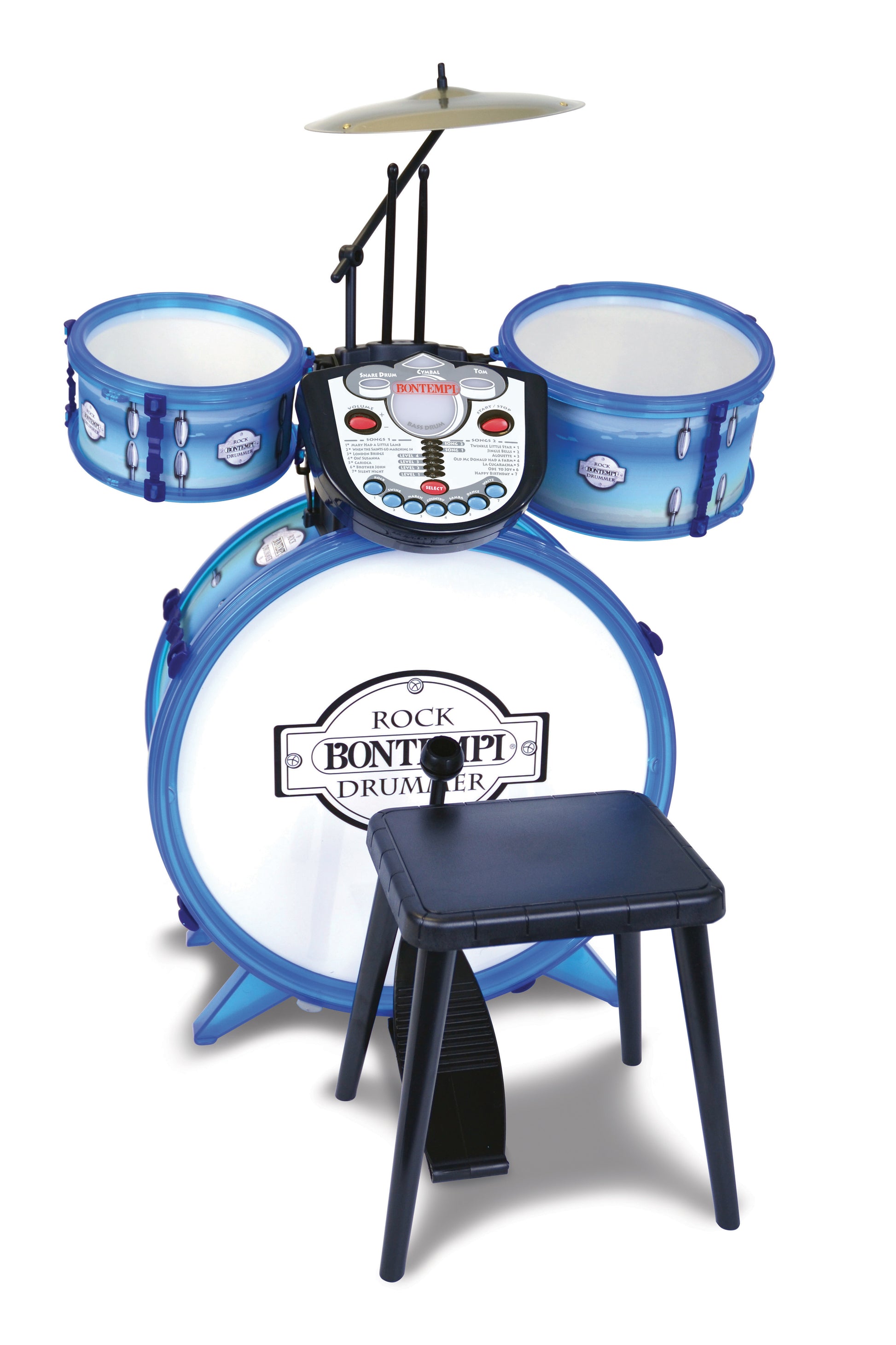 Bontempi Schlagzeug-Set – 50 × 68 × 50 cm – 4 Modi, 14 Lieder, 3 × AA – ab 3 J. – Kunststoff, blau